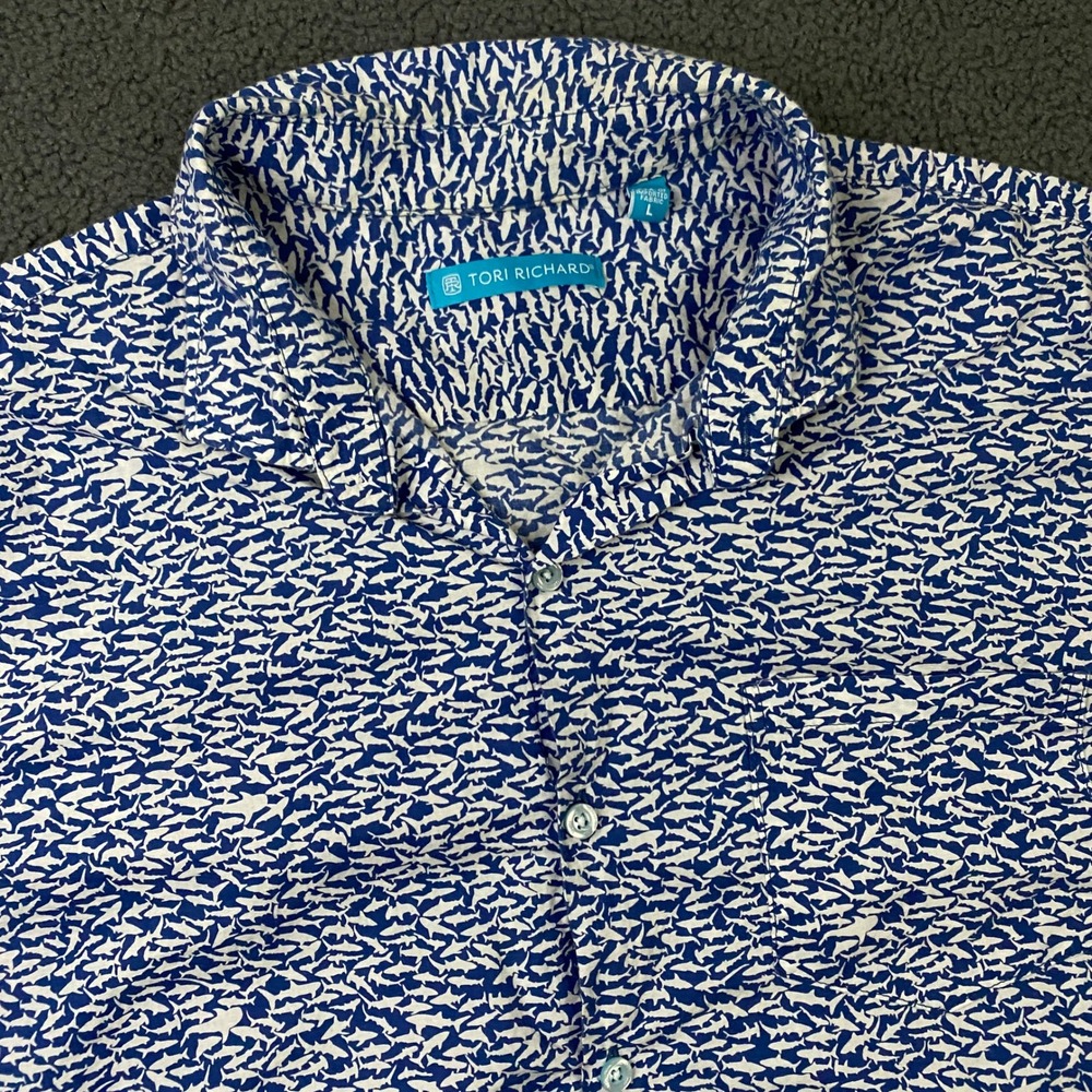 Tori Richard Hawaiian Shirt Mens Large Blue Shark Print All Over Aloha Summer